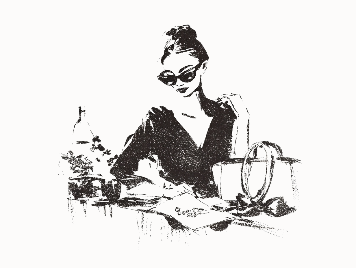 An elegant sketch of a woman with sunglasses sitting at a table, looking at jewelry.