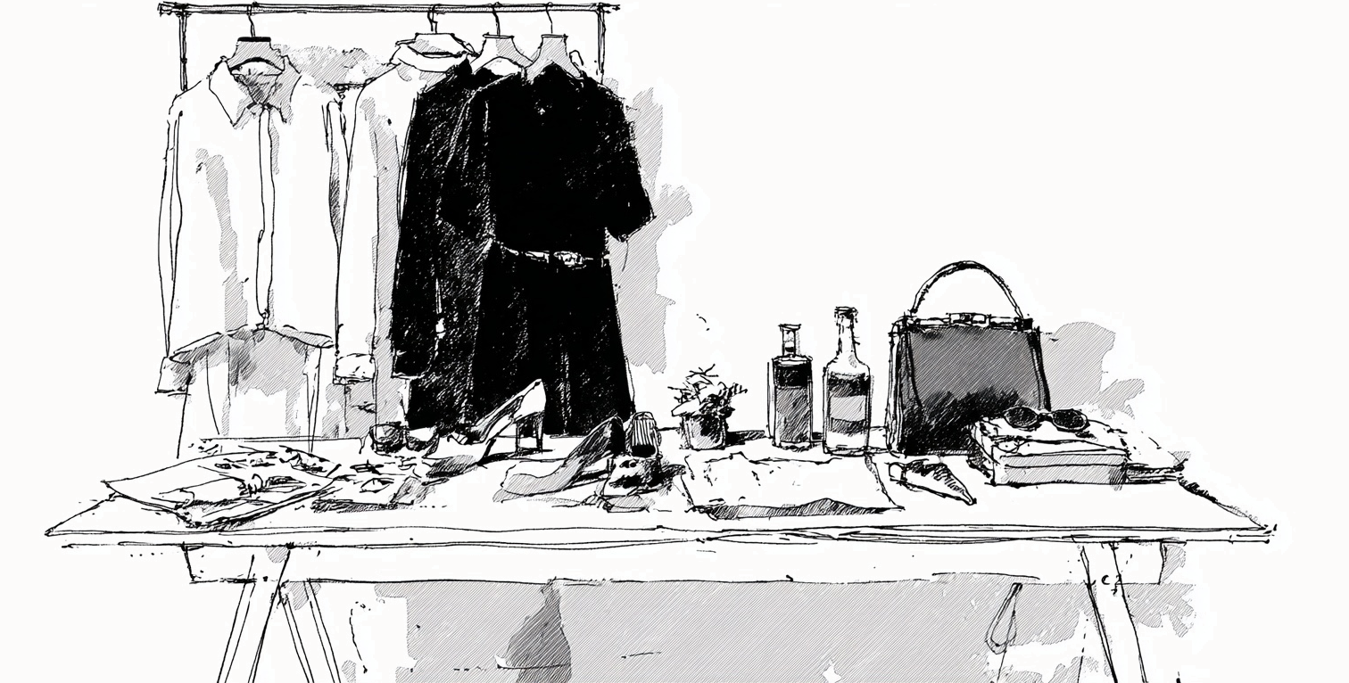 Artistic sketch of a fashion styling table with clothing rack, accessories, and styling tools